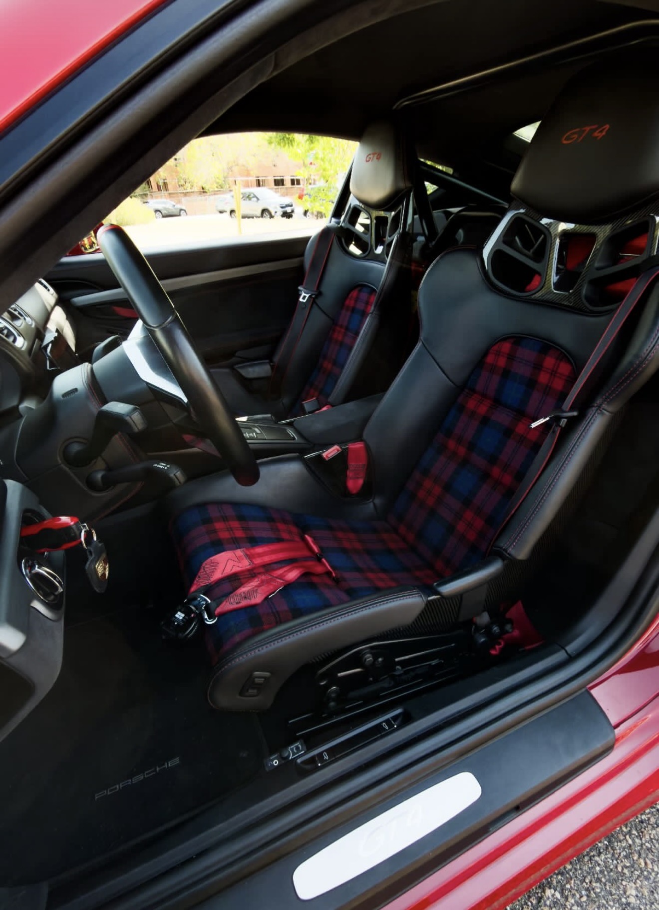 Porsche 718 GT4 bucket seats re-trimmed with red and blue MK1 tartan centers