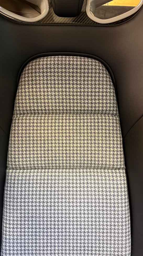 Overhead detail of black and white houndstooth seat insert with leather bolsters